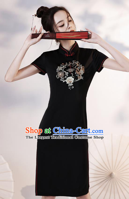 Chinese Young Lady Embroidered Phoenix Peony Cheongsam Clothing Modern Dance Black Short Qipao Dress