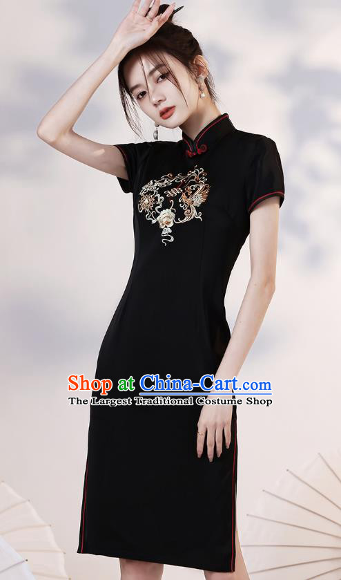 Chinese Young Lady Embroidered Phoenix Peony Cheongsam Clothing Modern Dance Black Short Qipao Dress