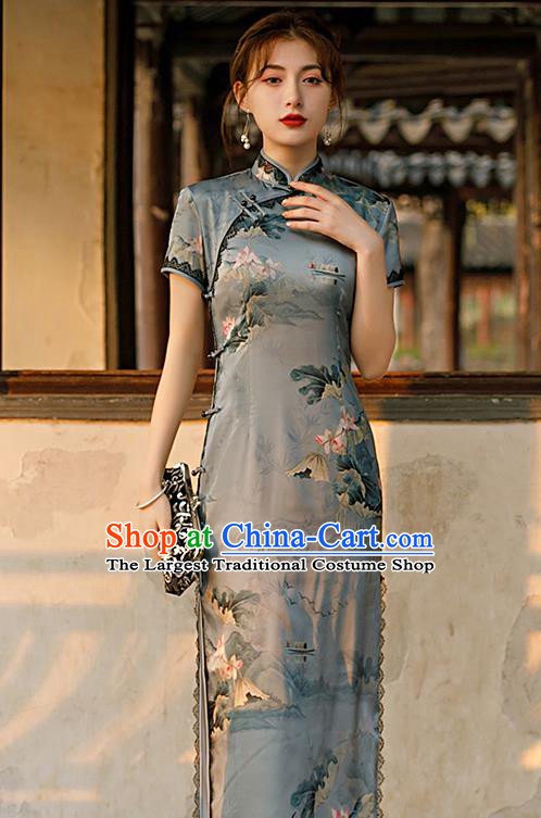 Republic of China Shanghai National Printing Lotus Grey Cheongsam Traditional Young Lady Qipao Dress