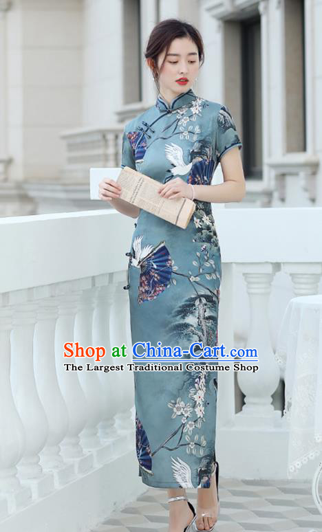 Republic of China National Printing Crane Blue Cheongsam Traditional Shanghai Young Lady Qipao Dress