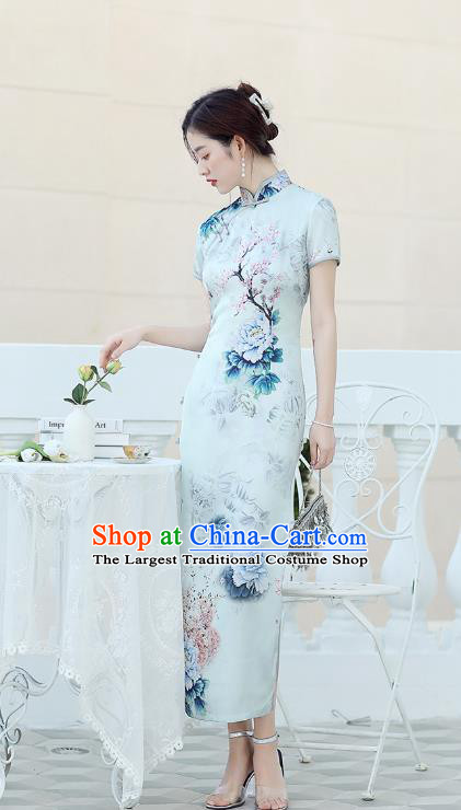 Republic of China National Light Blue Cheongsam Traditional Shanghai Young Lady Printing Peony Qipao Dress