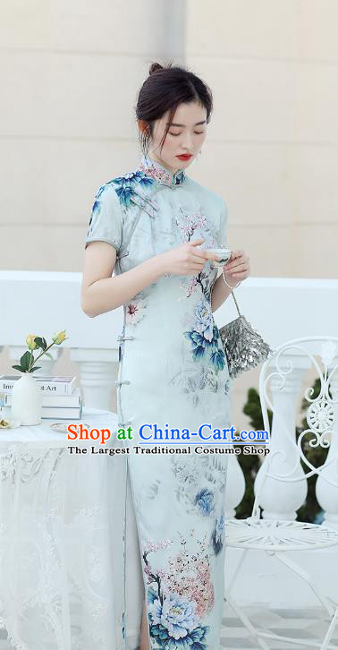 Republic of China National Light Blue Cheongsam Traditional Shanghai Young Lady Printing Peony Qipao Dress