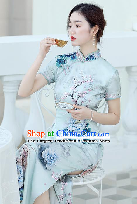 Republic of China National Light Blue Cheongsam Traditional Shanghai Young Lady Printing Peony Qipao Dress