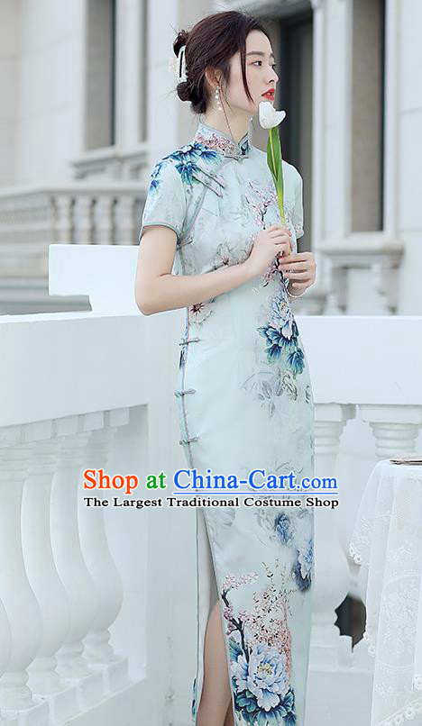 Republic of China National Light Blue Cheongsam Traditional Shanghai Young Lady Printing Peony Qipao Dress