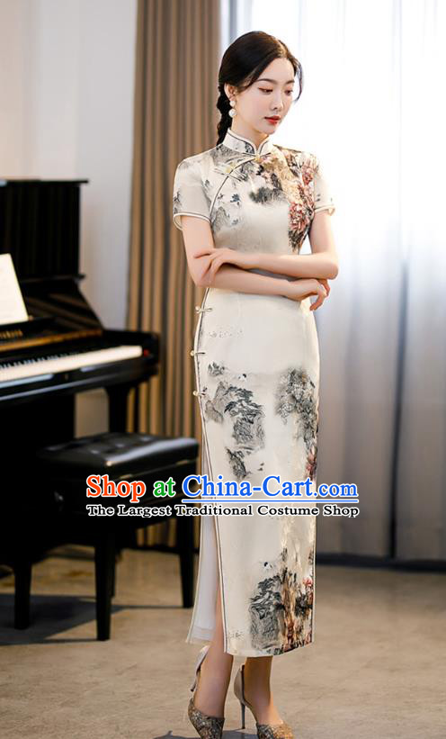 Republic of China National Young Lady Beige Cheongsam Traditional Shanghai Printing Landscape Qipao Dress