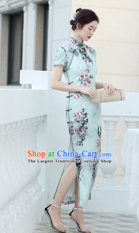 Republic of China National Printing Peach Blossom Cheongsam Traditional Shanghai Young Lady Light Green Qipao Dress
