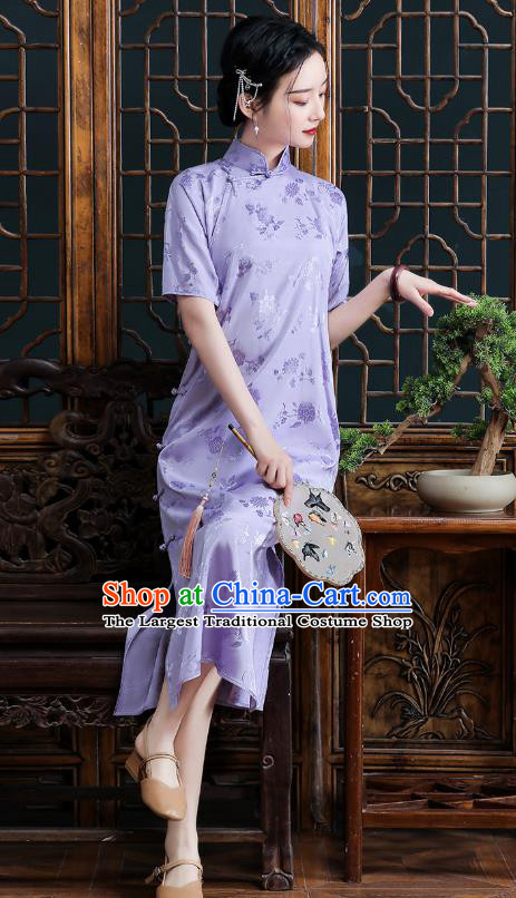 Republic of China National Stand Collar Cheongsam Traditional Shanghai Young Lady Lilac Silk Qipao Dress