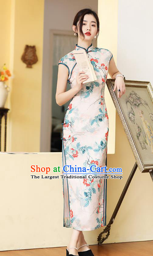 Republic of China National Printing Flowers White Ramine Cheongsam Traditional Young Lady Long Qipao Dress