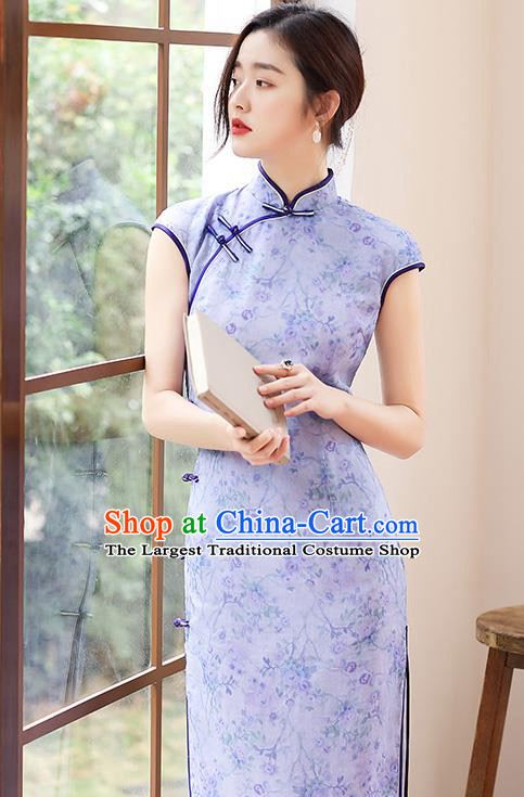 Republic of China National Lilac Ramine Cheongsam Traditional Young Lady Sleeveless Qipao Dress