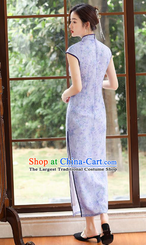 Republic of China National Lilac Ramine Cheongsam Traditional Young Lady Sleeveless Qipao Dress