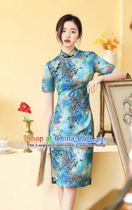 Republic of China National Printing Butterfly Blue Ramine Cheongsam Traditional Young Lady Short Qipao Dress
