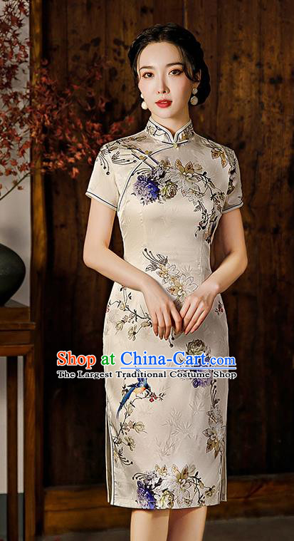 Republic of China National Elderly Woman Cheongsam Traditional Printing Mother Short Qipao Dress