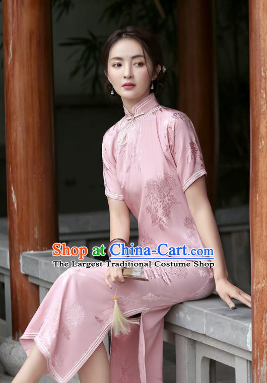 Republic of China National Pink Silk Cheongsam Traditional Shanghai Young Woman Qipao Dress