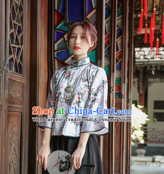Chinese National Printing Flowers Light Blue Silk Qipao Shirt Tang Suit Upper Outer Garment Clothing