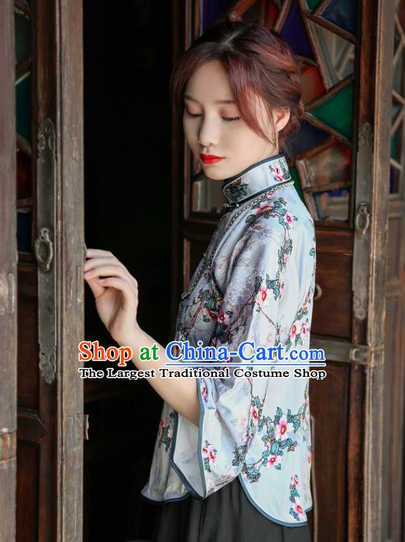 Chinese National Printing Flowers Light Blue Silk Qipao Shirt Tang Suit Upper Outer Garment Clothing