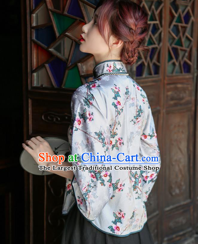 Chinese National Printing Flowers Light Blue Silk Qipao Shirt Tang Suit Upper Outer Garment Clothing