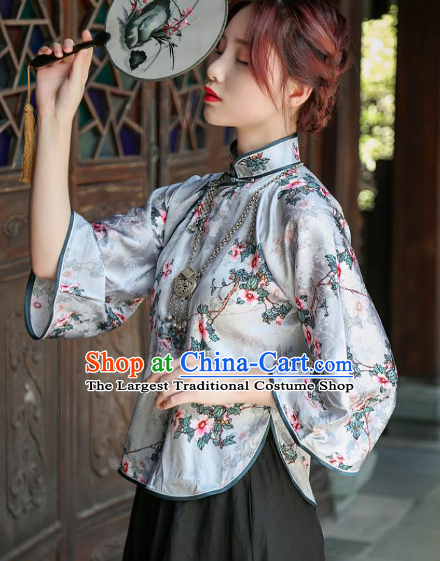 Chinese National Printing Flowers Light Blue Silk Qipao Shirt Tang Suit Upper Outer Garment Clothing