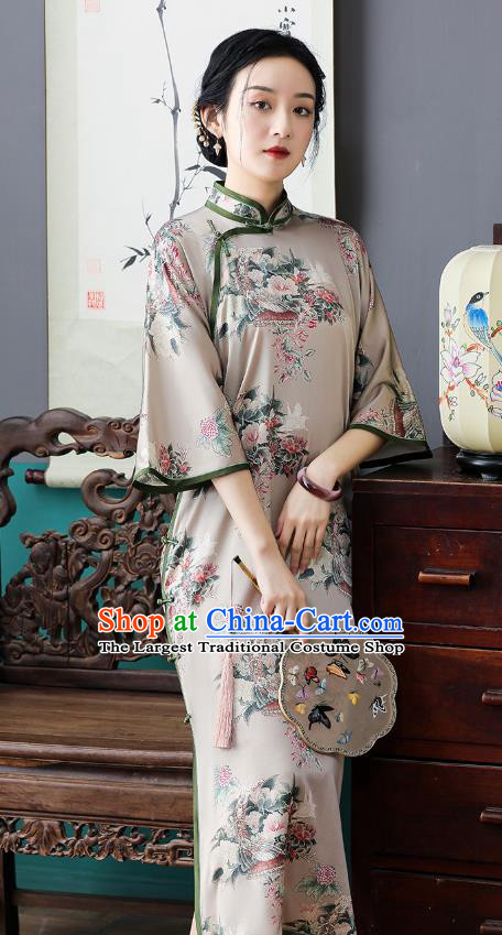 Republic of China National Printing Silk Cheongsam Traditional Shanghai Young Woman Wide Sleeve Qipao Dress