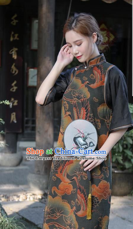 Republic of China National Printing Cranes Black Silk Cheongsam Traditional Gambiered Guangdong Gauze Qipao Dress