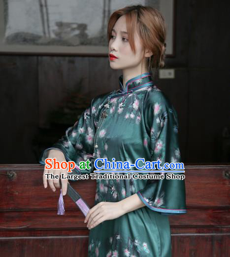 Republic of China National Printing Deep Green Silk Cheongsam Traditional Young Lady Slant Opening Qipao Dress