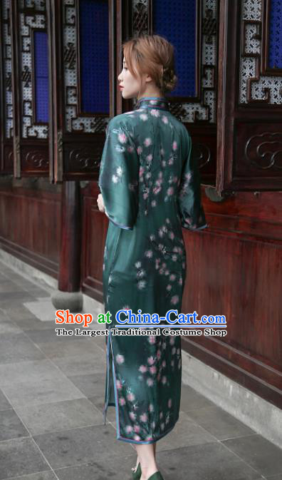 Republic of China National Printing Deep Green Silk Cheongsam Traditional Young Lady Slant Opening Qipao Dress