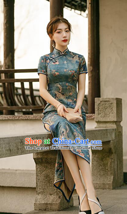 Republic of China Traditional Printing Deep Green Qipao Dress National Woman Mother Cheongsam