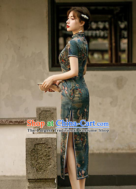 Republic of China Traditional Printing Deep Green Qipao Dress National Woman Mother Cheongsam