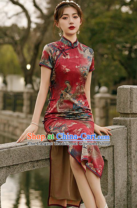 Republic of China National Woman Mother Cheongsam Traditional Printing Red Qipao Dress