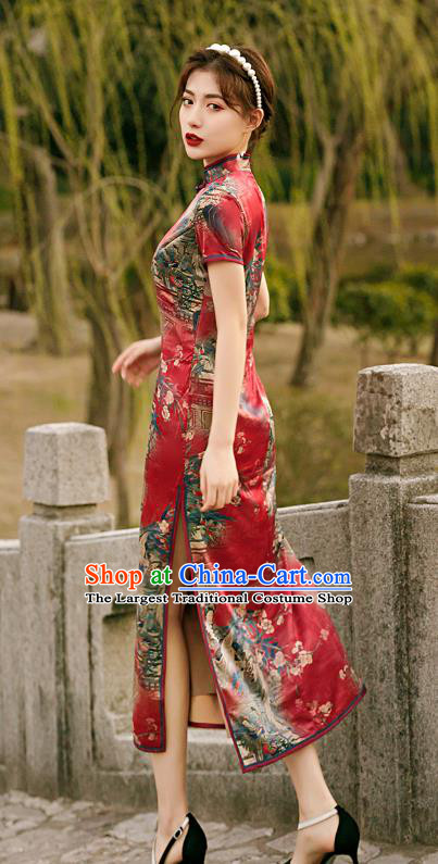Republic of China National Woman Mother Cheongsam Traditional Printing Red Qipao Dress