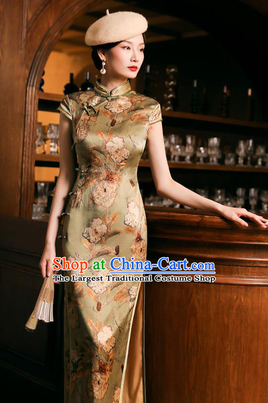 China Classical Shanghai Young Lady Cheongsam Traditional Minguo Printing Olive Green Silk Qipao Dress