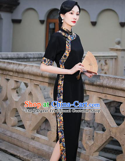 China Classical Shanghai Beauty Cheongsam Traditional Minguo Black Silk Slant Opening Qipao Dress