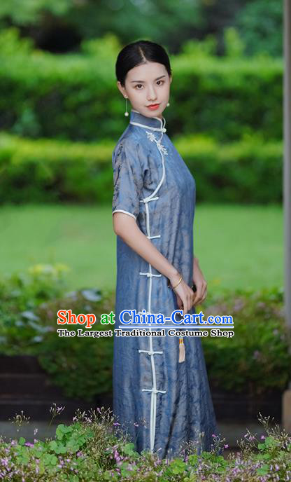 Republic of China Classical Shanghai Beauty Qipao Dress Traditional Minguo Blue Silk Cheongsam