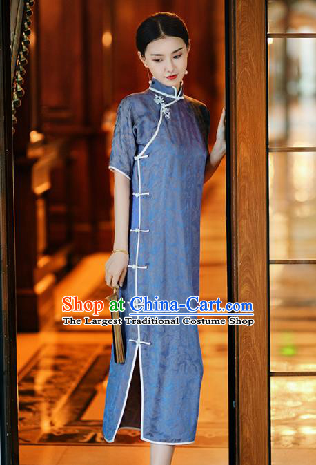 Republic of China Classical Shanghai Beauty Qipao Dress Traditional Minguo Blue Silk Cheongsam