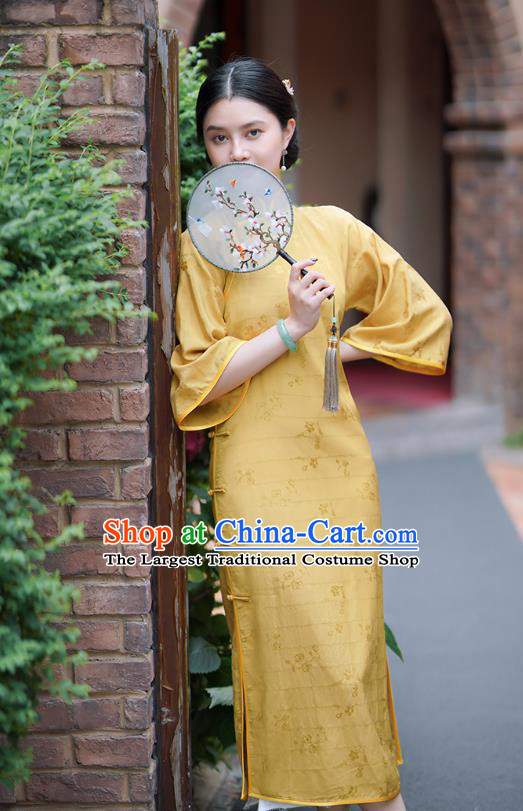 Republic of China Classical Young Lady Qipao Dress Traditional Minguo Mandarin Sleeve Yellow Silk Cheongsam