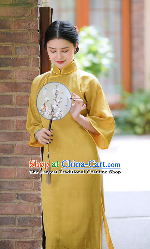 Republic of China Classical Young Lady Qipao Dress Traditional Minguo Mandarin Sleeve Yellow Silk Cheongsam