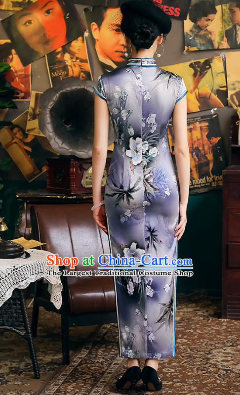 China Classical Printing Flowers Violet Cheongsam Traditional Minguo Shanghai Young Beauty Qipao Dress