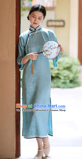 Republic of China Classical Mandarin Sleeve Blue Silk Qipao Dress Traditional Minguo Young Lady Cheongsam