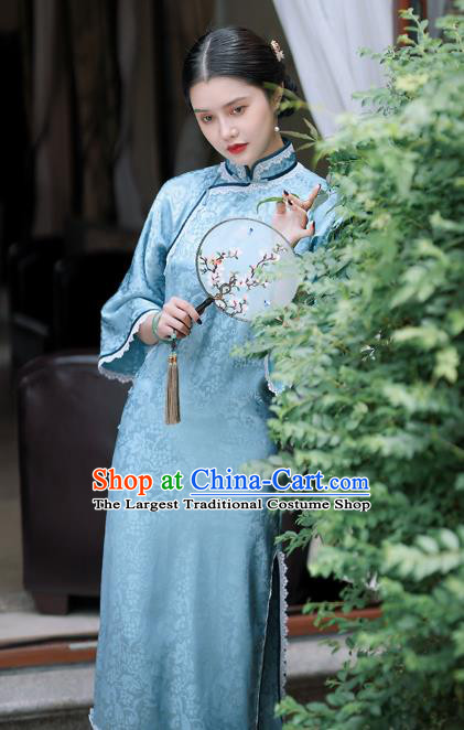 Republic of China Classical Mandarin Sleeve Blue Silk Qipao Dress Traditional Minguo Young Lady Cheongsam
