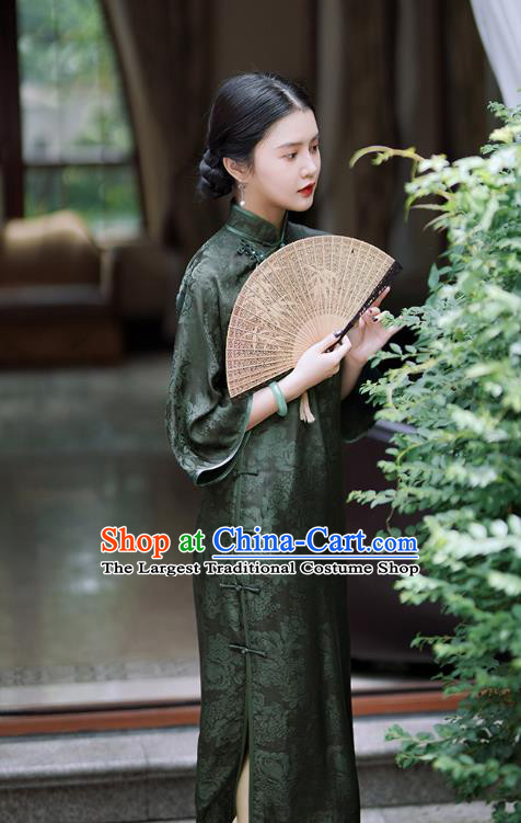 Republic of China Classical Atrovirens Silk Qipao Dress Traditional Minguo Young Lady Mandarin Sleeve Cheongsam