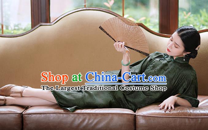 Republic of China Classical Atrovirens Silk Qipao Dress Traditional Minguo Young Lady Mandarin Sleeve Cheongsam