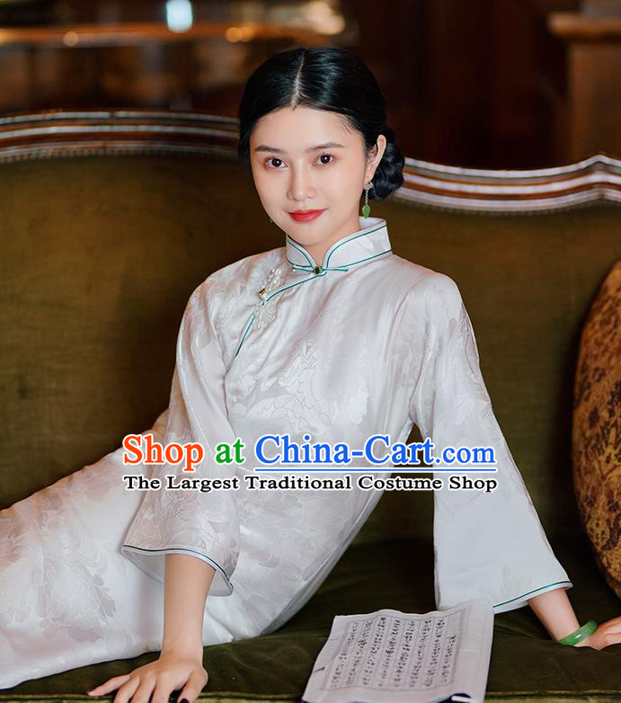 Republic of China Classical Shanghai White Silk Qipao Dress Traditional Minguo Young Lady Cheongsam