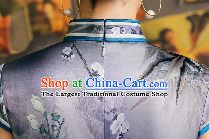 China Classical Printing Flowers Violet Cheongsam Traditional Minguo Shanghai Young Beauty Qipao Dress