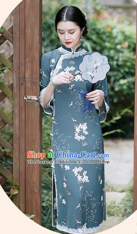 Republic of China Classical Printing Blue Qipao Dress Traditional Minguo Young Lady Mandarin Sleeve Cheongsam