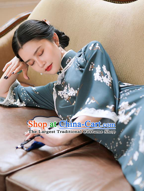 Republic of China Classical Printing Blue Qipao Dress Traditional Minguo Young Lady Mandarin Sleeve Cheongsam