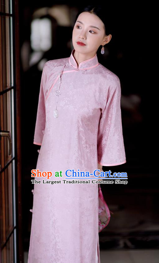 Republic of China Classical Stand Collar Qipao Dress Traditional Minguo Young Lady Pink Cheongsam
