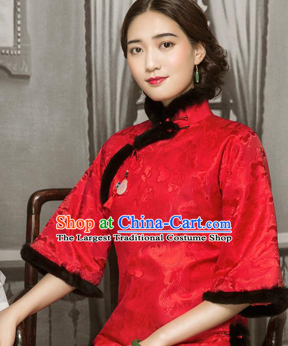 Chinese Tang Suit Winter Red Silk Outer Garment Clothing National Cotton Wadded Jacket