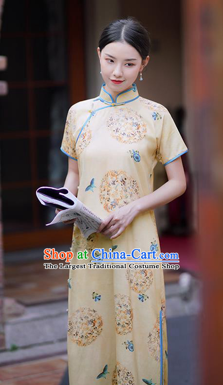 Republic of China Classical Printing Butterfly Qipao Dress Traditional Minguo Shanghai Woman Apricot Cheongsam