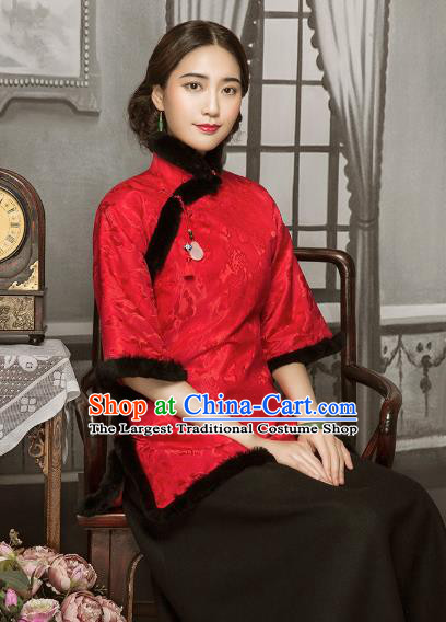 Chinese Tang Suit Winter Red Silk Outer Garment Clothing National Cotton Wadded Jacket
