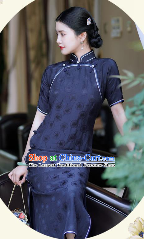 Republic of China Classical Stand Collar Qipao Dress Traditional Minguo Shanghai Young Lady Navy Silk Cheongsam