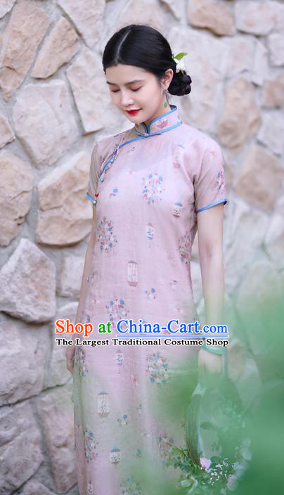 Republic of China Classical Printing Lilac Ramine Qipao Dress Traditional Minguo Shanghai Young Woman Cheongsam